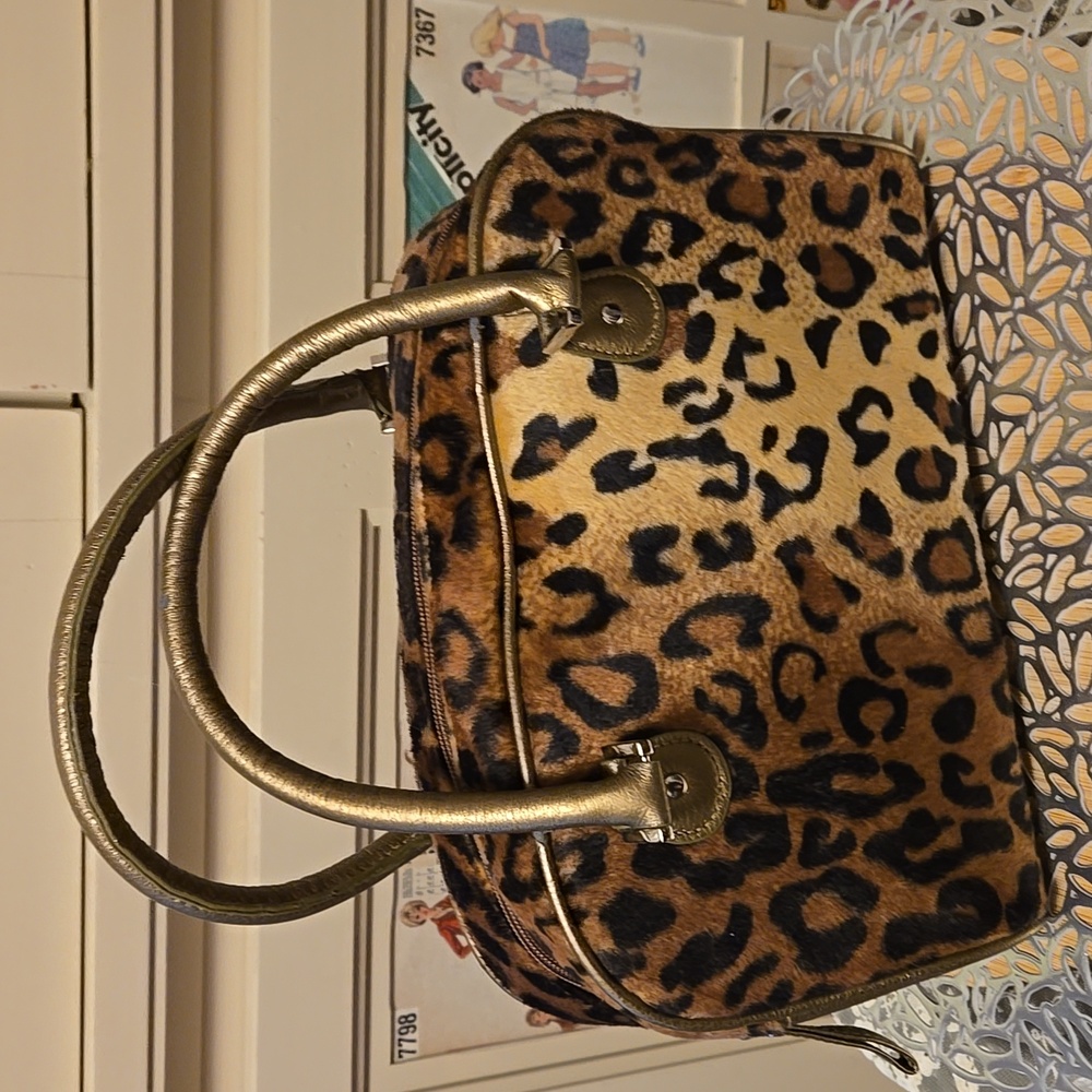 Plush faux fur leopard print bag